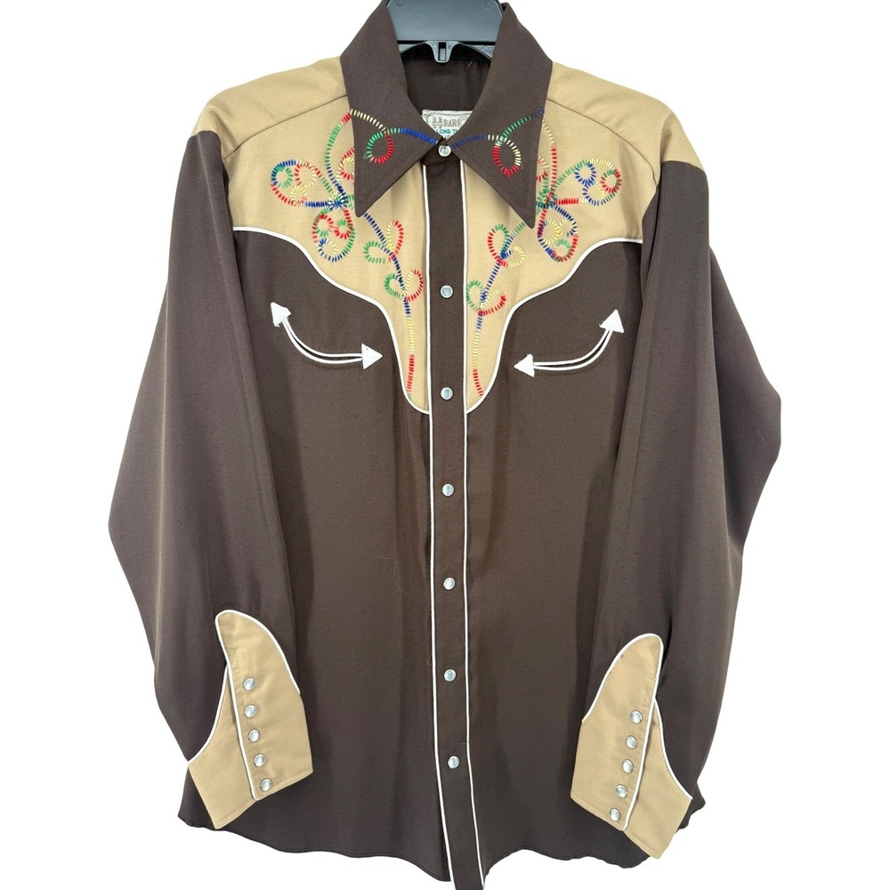 Vintage H Bar C Western Cowboy Shirt Mens M Pearl Snap Embroidered Ranchwear